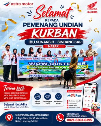 Wow Customer Apresiasi Konsumen Setia, Astra Motor Natar Serahkan Hadiah Undian Hewan Kurban Program Aplikasi MotoRan